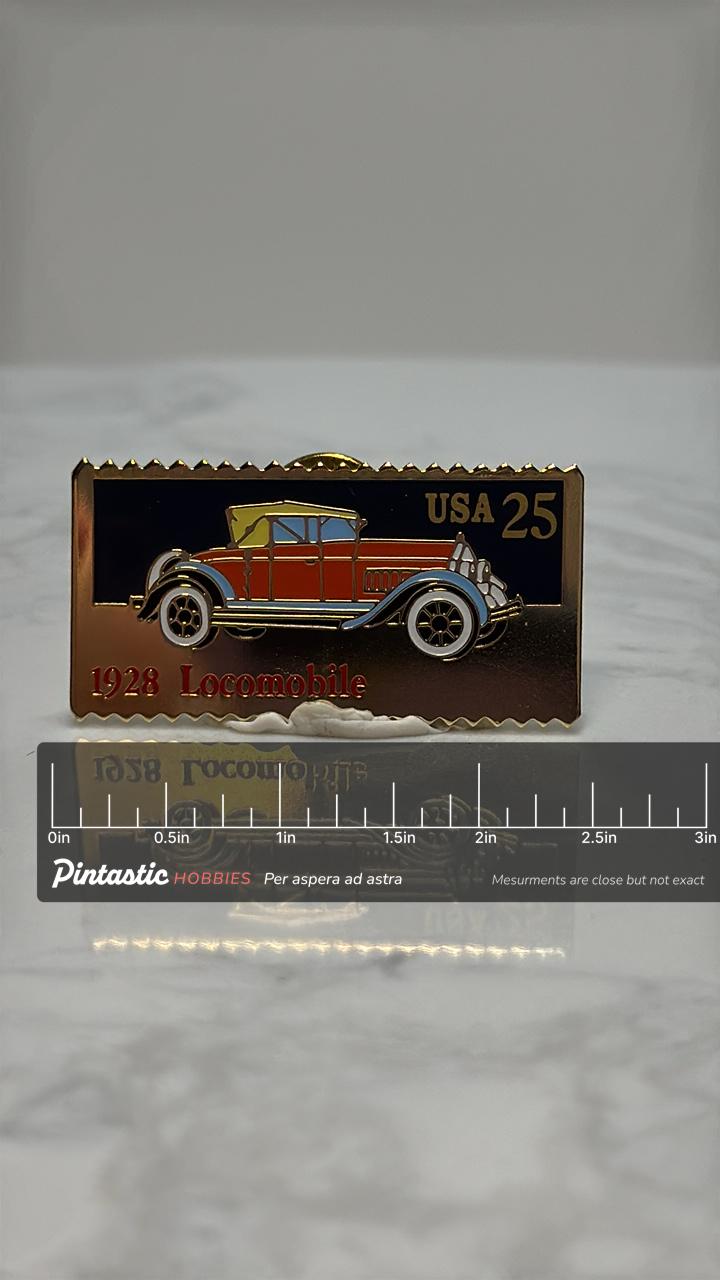 1928 Locomobile Car Pin: Enamel Gold Trim - Vintage Stamp Accessory with ruler overlay for size reference