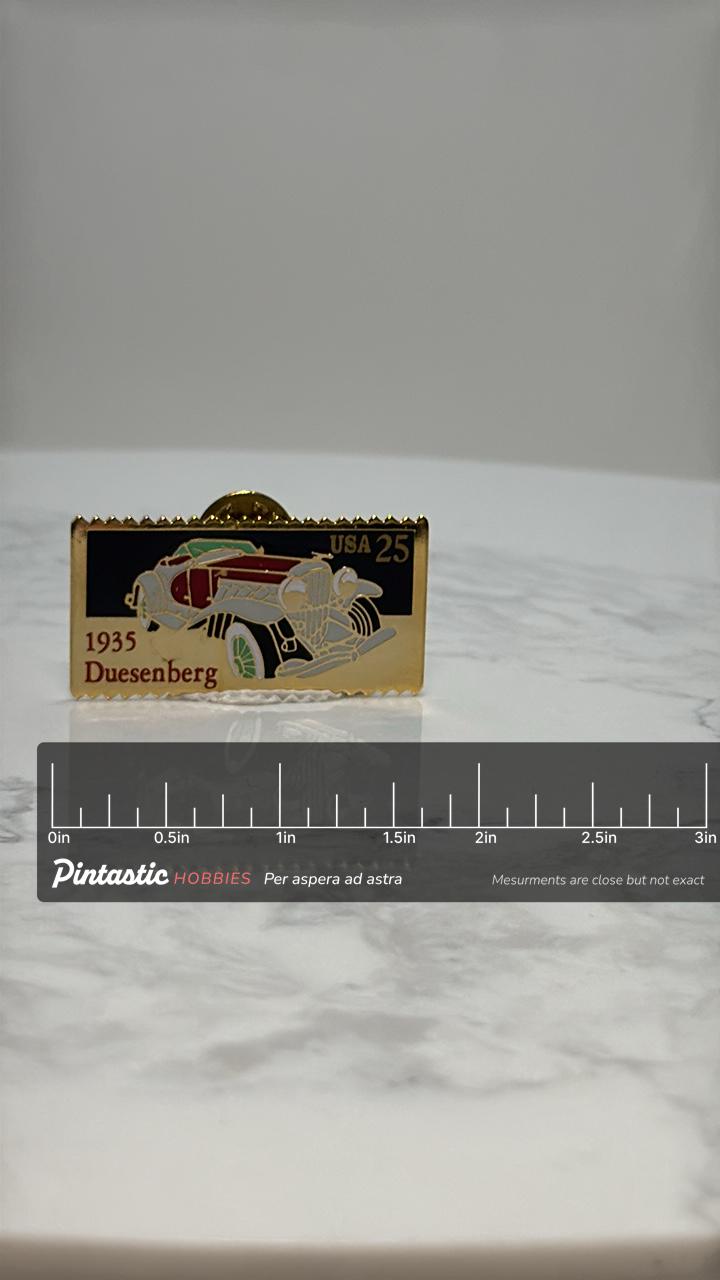 1935 Duesenberg Car Pin: Gold Tone Enamel - Vintage Collectible Accessory with ruler overlay for size reference