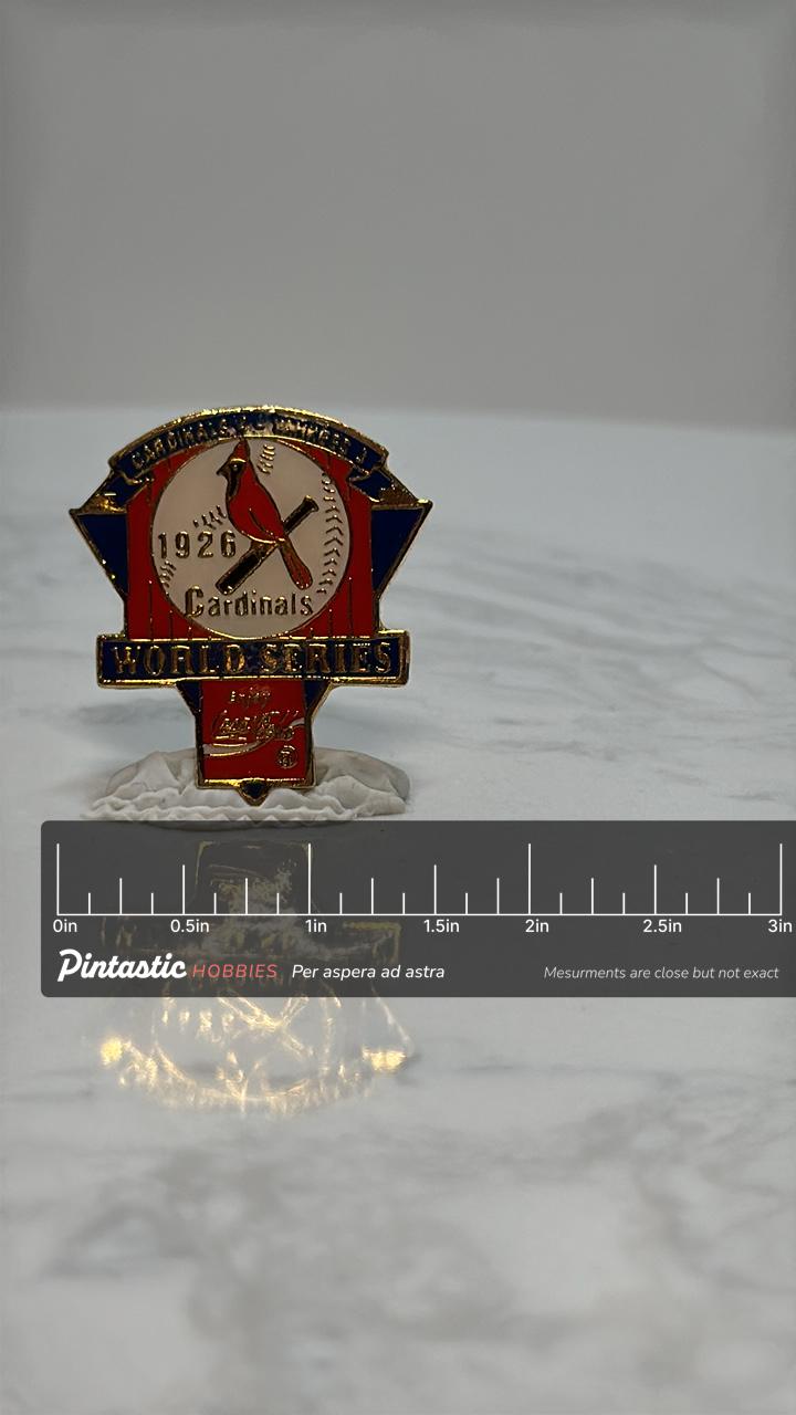 1926 Cardinals World Series Pin: Red Enamel Finish - Vintage Sports Accessory with ruler overlay for size reference