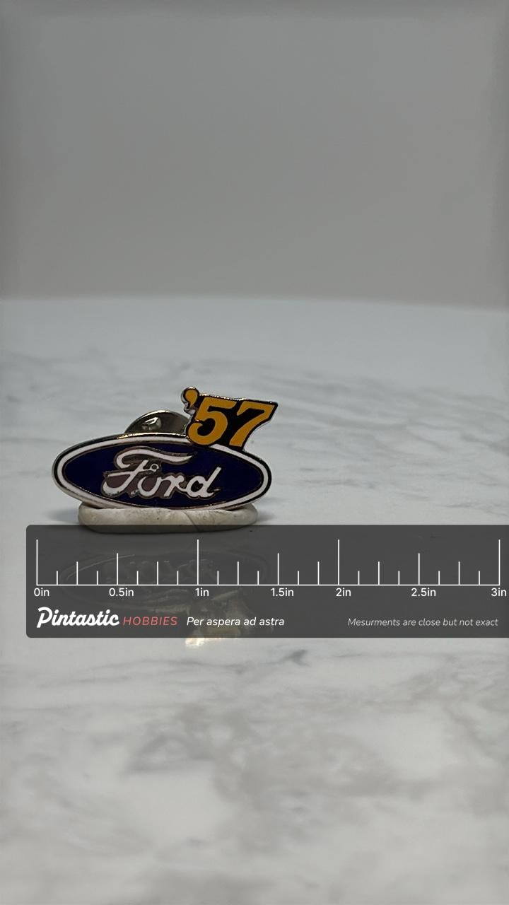 Ford '57 Logo Pin: Blue Enamel Finish - Classic Car Accessory with ruler overlay for size reference