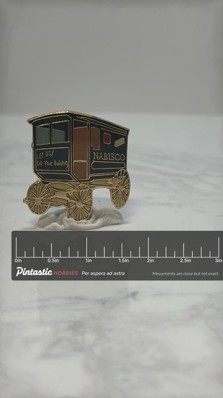 Nabisco Wagon Enamel Pin: Gold Tone Hard Enamel - Vintage Advertising Accessory with ruler overlay for size reference
