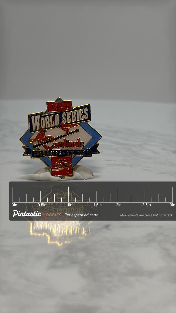 1946 World Series Baseball Pin: Red Blue Enamel Finish - Vintage Sports Accessory with ruler overlay for size reference