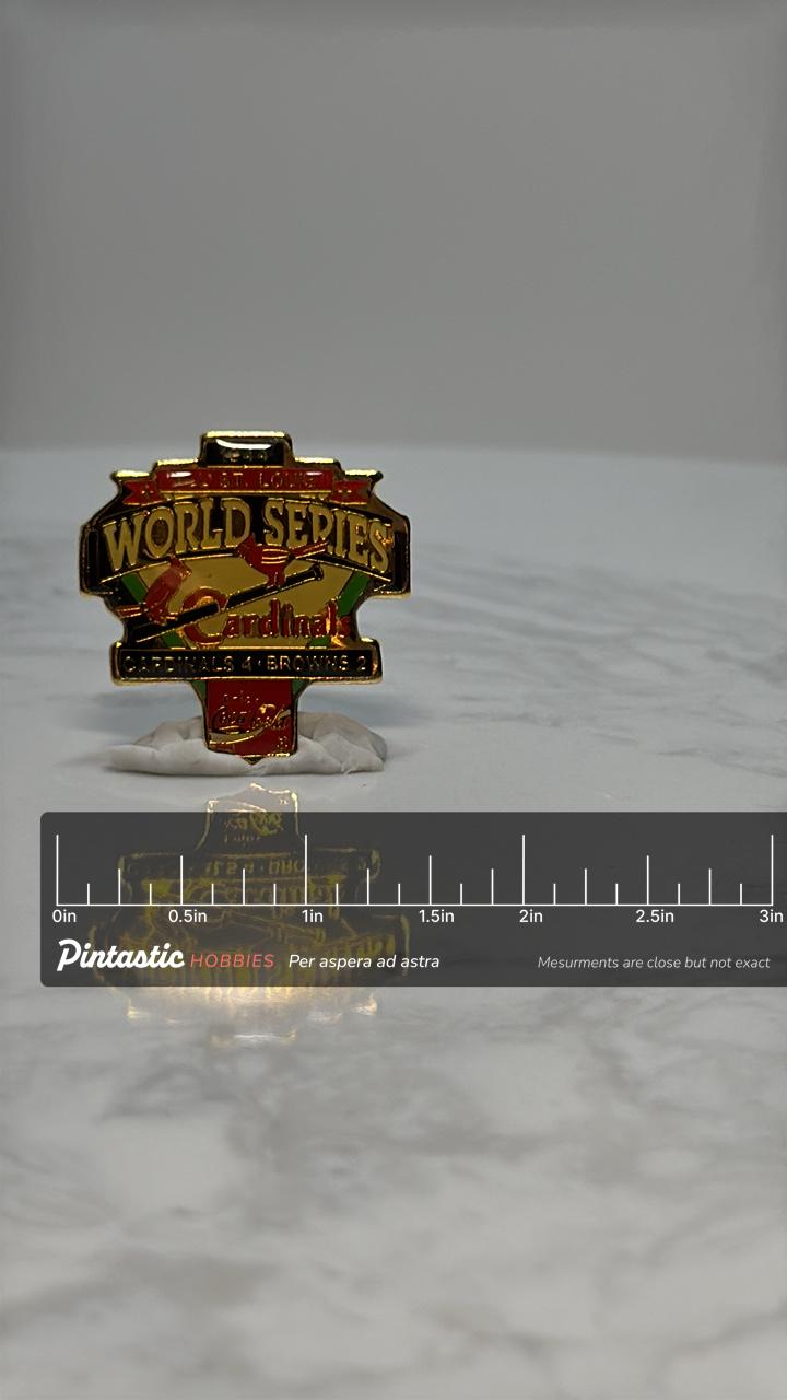 1944 World Series Pin: Red/Gold Enamel - Baseball History Accessory with ruler overlay for size reference