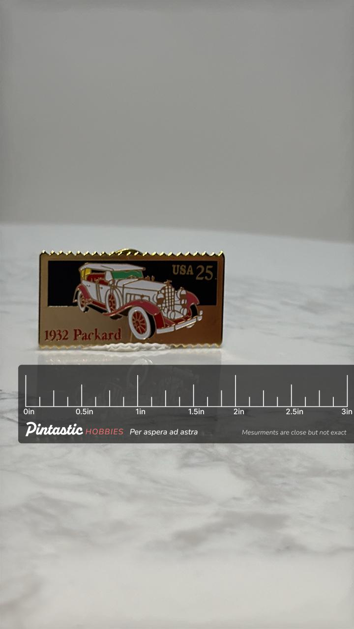 1932 Packard Car Pin: Gold Enamel Finish - Vintage Auto Accessory with ruler overlay for size reference