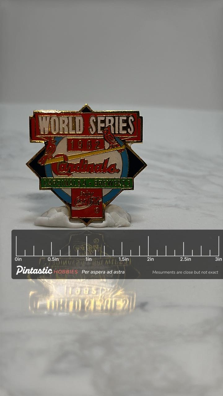 1982 World Series Cardinals Pin: Red Enamel Gold Trim - Vintage Sports Accessory with ruler overlay for size reference