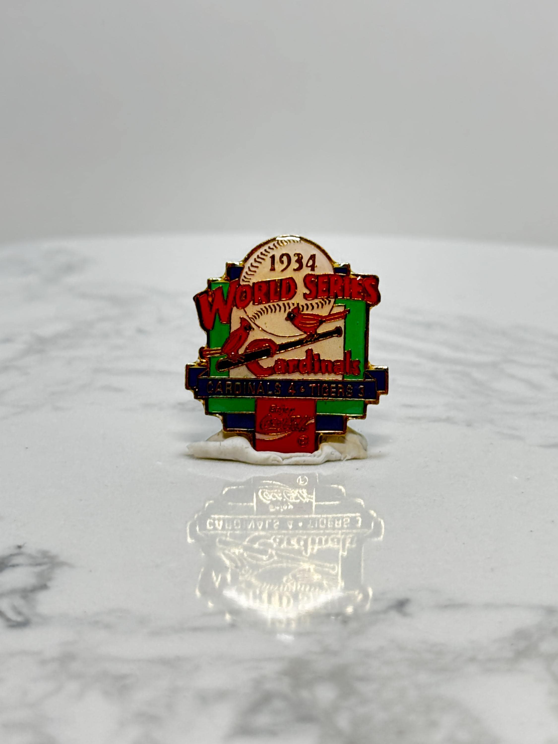 1934 World Series Baseball Pin: Red/Green Enamel - Vintage Sports Accessory
