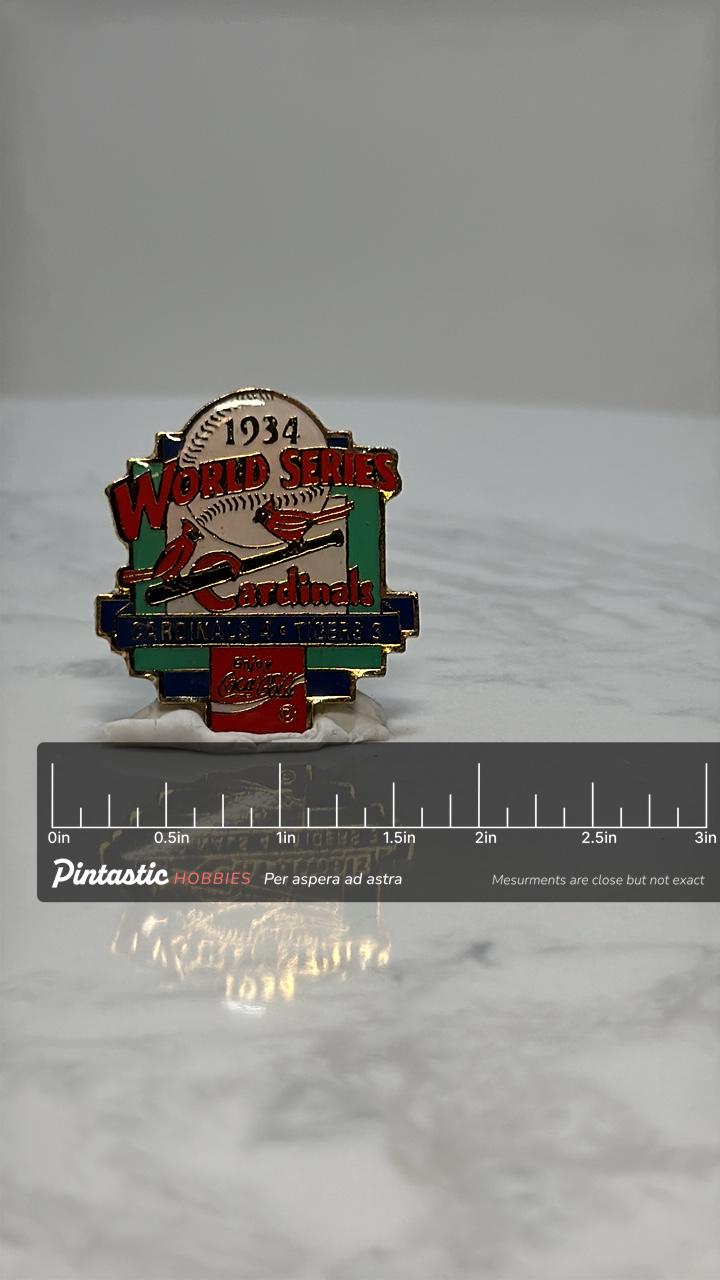 1934 World Series Baseball Pin: Red/Green Enamel - Vintage Sports Accessory with ruler overlay for size reference