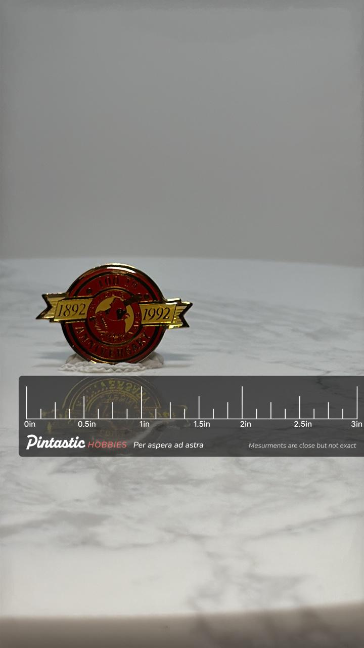 St Louis Cardinals Pin: Red & Gold Enamel - 100th Anniversary Accessory with ruler overlay for size reference