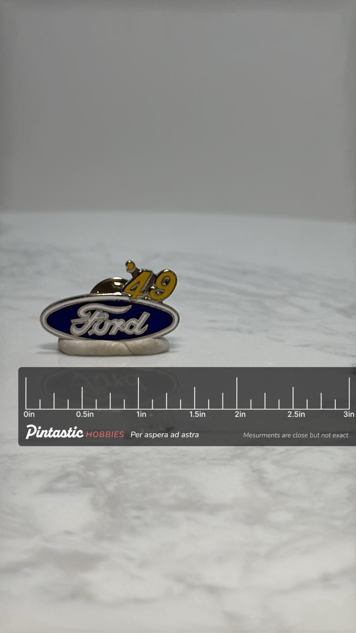Ford '49 Car Pin: Blue Enamel Finish - Vintage Auto Accessory with ruler overlay for size reference