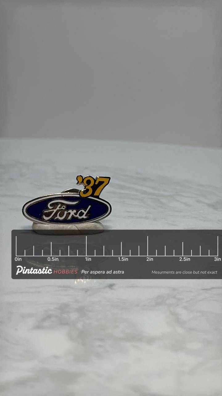 Ford '37 Car Logo Pin: Blue Enamel Finish - Vintage Auto Accessory with ruler overlay for size reference