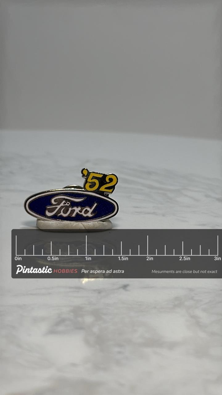 Ford '52 Car Pin: Blue & Yellow Enamel - Vintage Auto Accessory with ruler overlay for size reference