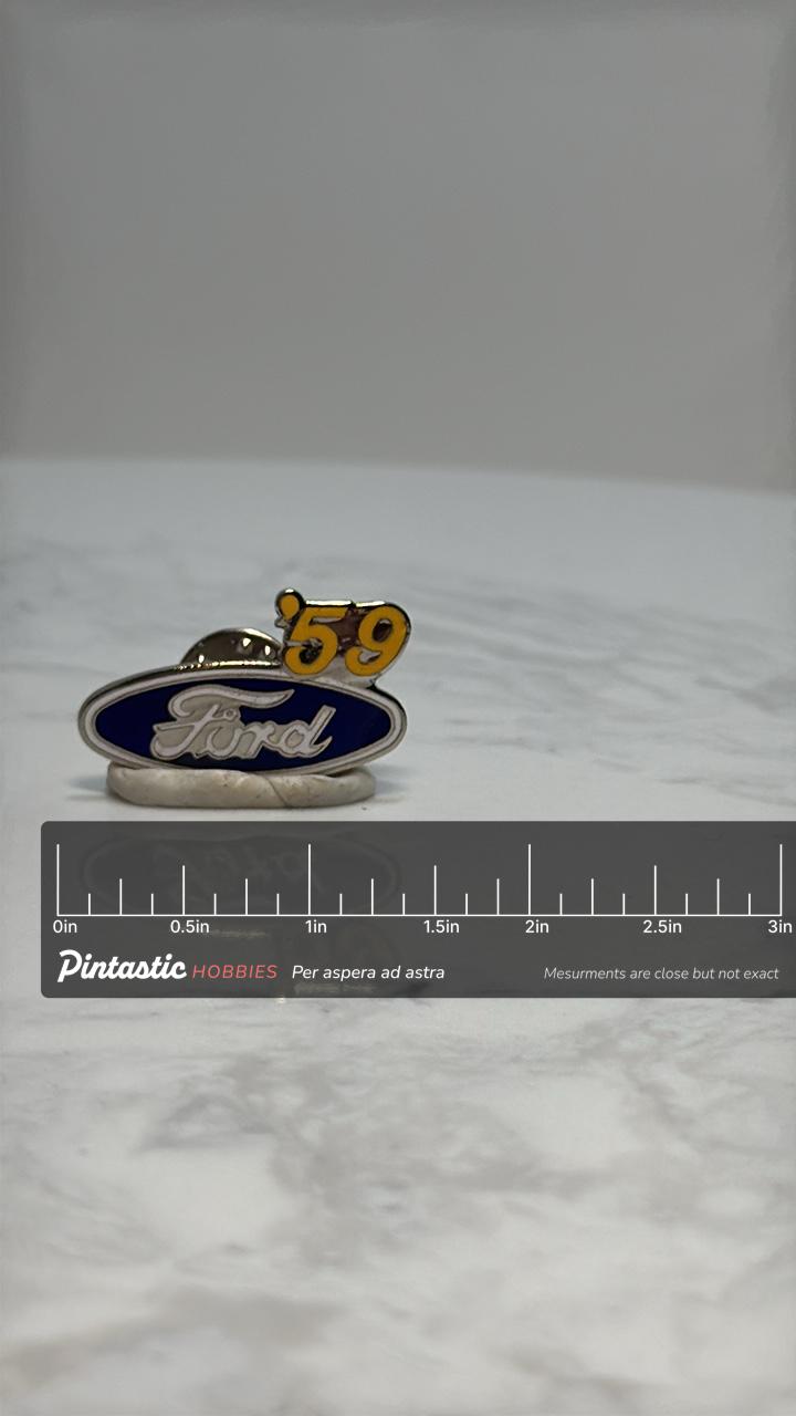 Ford '59 Logo Pin: Blue Enamel Metal - Vintage Car Lover Accessory with ruler overlay for size reference