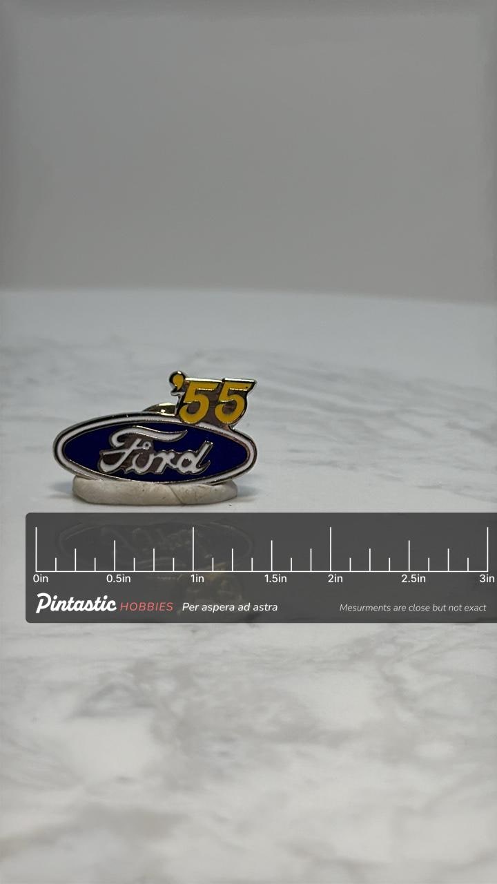 Ford '55 Logo Pin: Blue Enamel Finish - Vintage Auto Accessory with ruler overlay for size reference