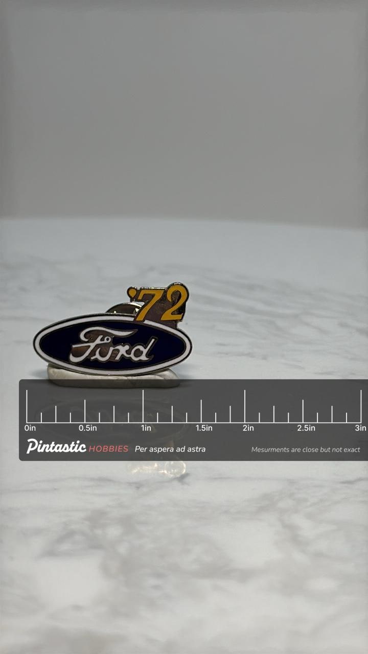 Ford '72 Logo Pin: Blue Enamel Finish - 1972 Auto Accessory with ruler overlay for size reference
