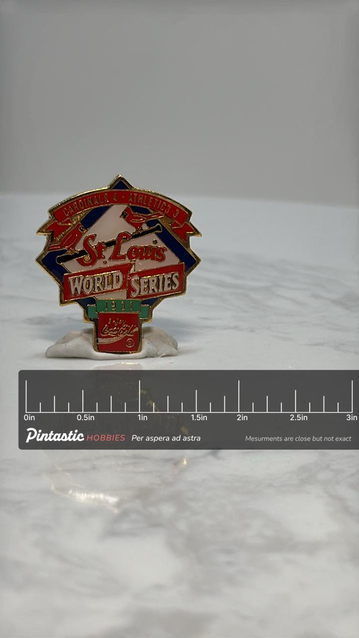 St. Louis World Series Pin: Red Enamel Coca-Cola - 1931 Baseball Accessory with ruler overlay for size reference