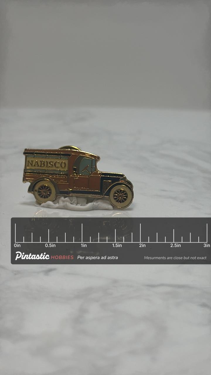 Nabisco Delivery Truck Pin: Gold Enamel Vintage Style - Collectible Accessory with ruler overlay for size reference