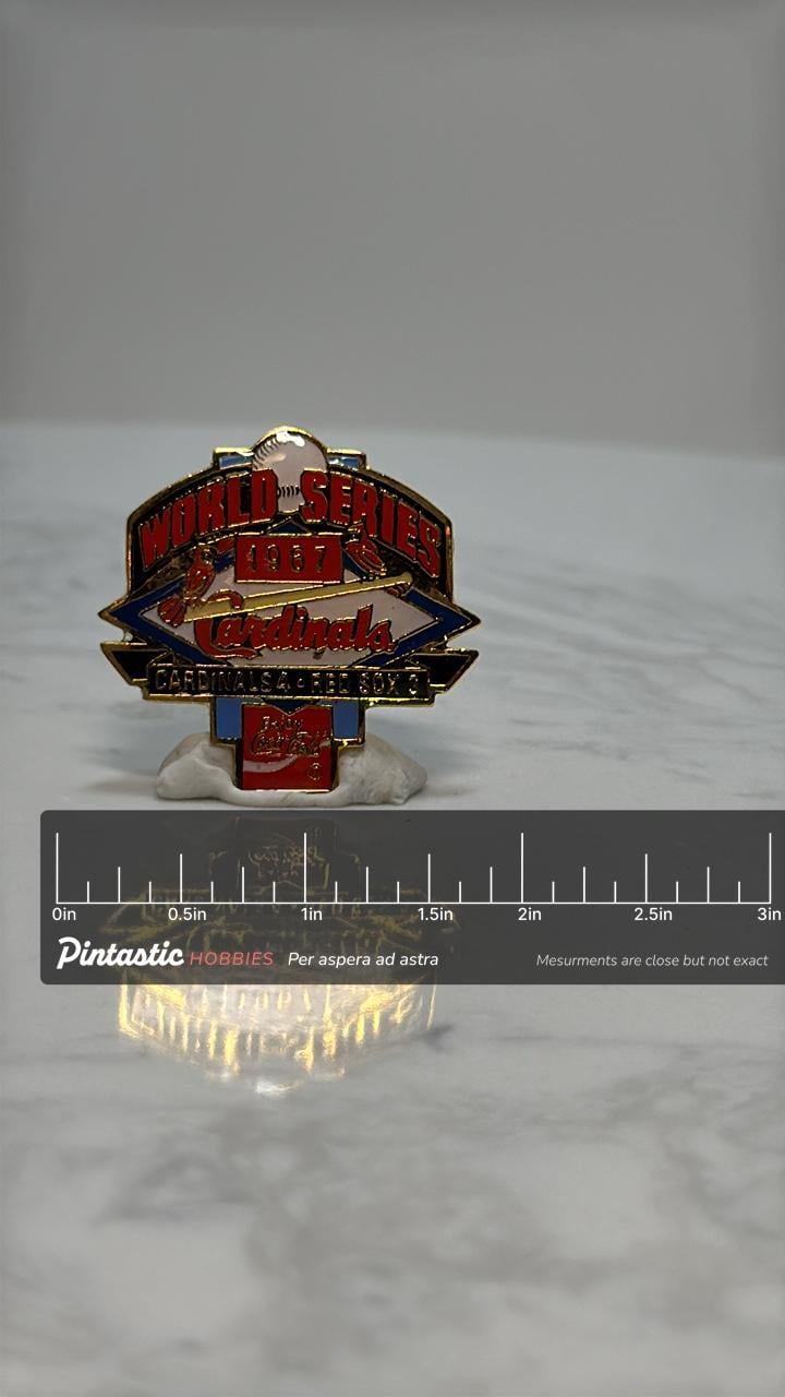 1967 World Series Pin: Enamel Red & Gold - Baseball Collector Accessory with ruler overlay for size reference