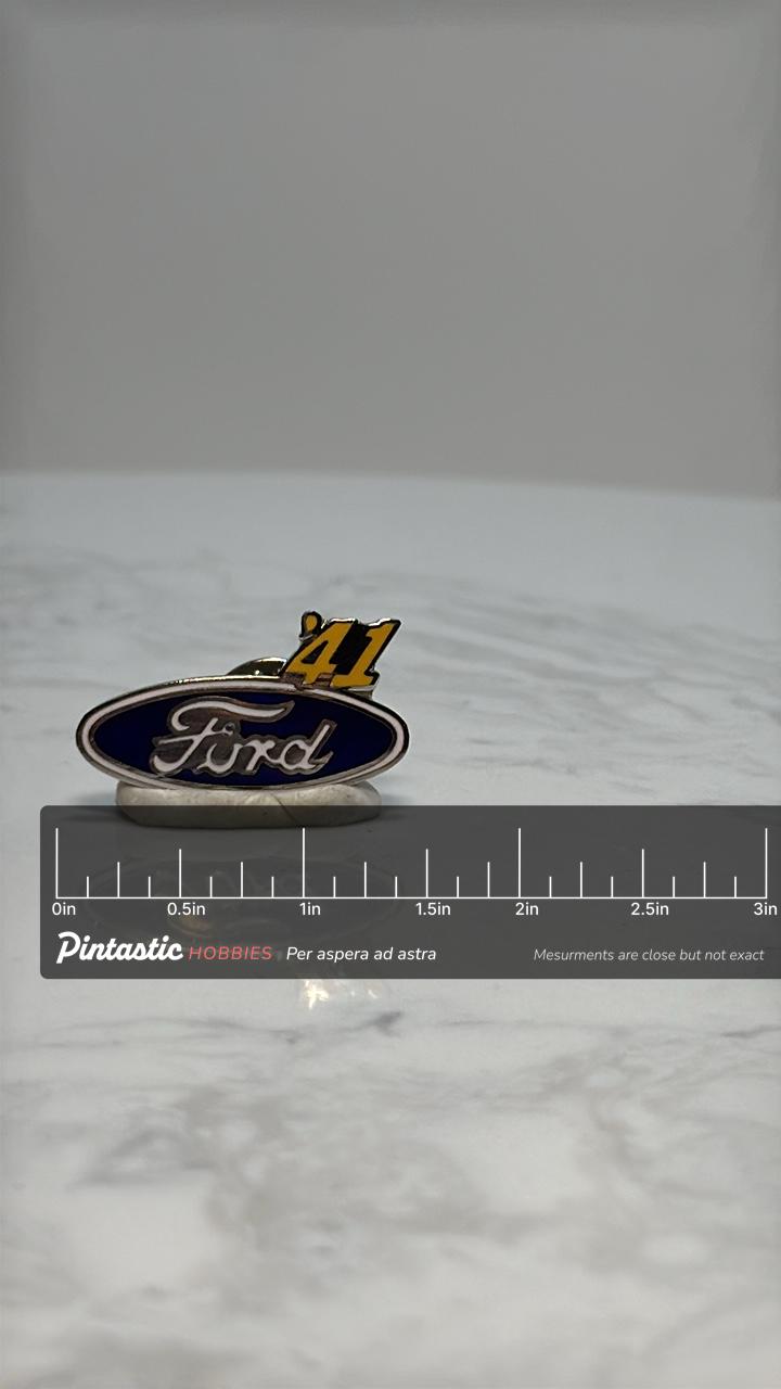 Ford '41 Logo Pin: Blue Enamel Silver-Tone - Vintage Car Accessory with ruler overlay for size reference