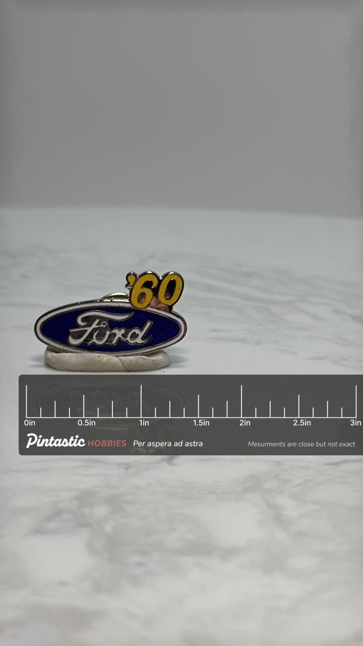 Ford '60 Logo Pin: Blue Enamel Finish - Vintage Car Accessory with ruler overlay for size reference