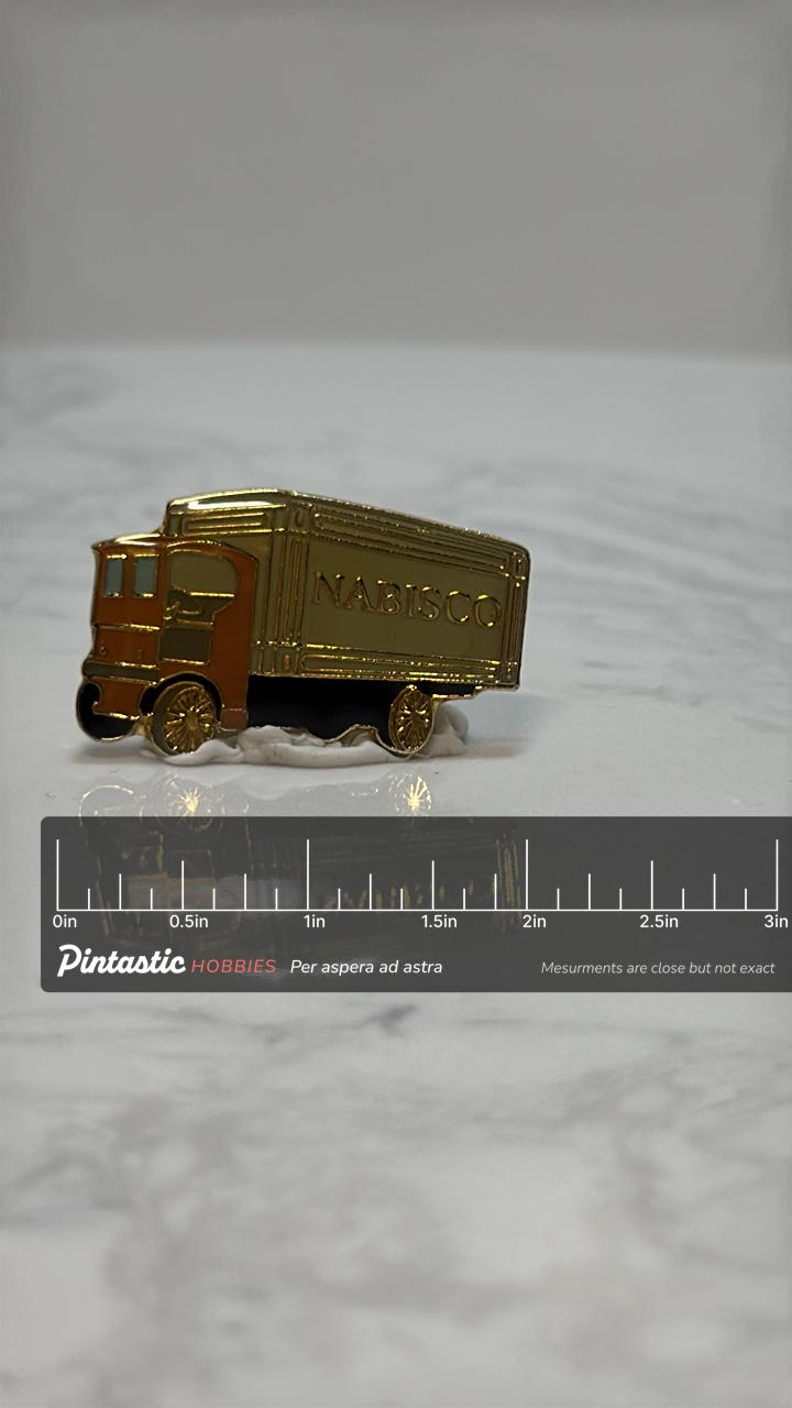 Nabisco Delivery Truck Pin: Gold & Red Enamel - Vintage Collectible Accessory with ruler overlay for size reference