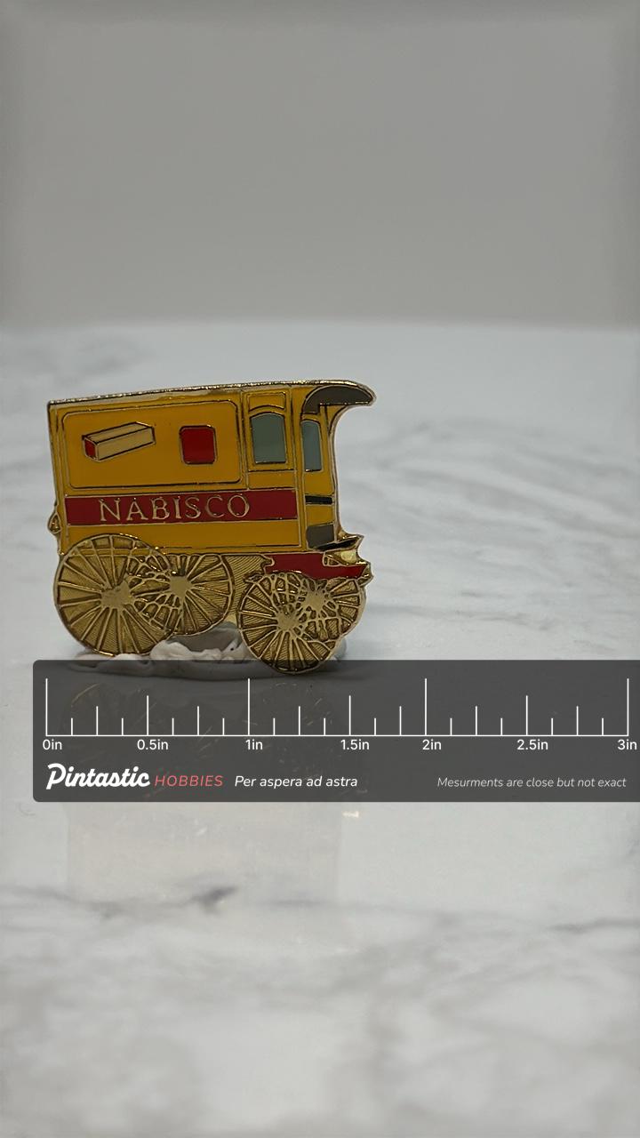 Nabisco Wagon Pin: Gold Enamel Finish - Vintage Advertising Accessory with ruler overlay for size reference