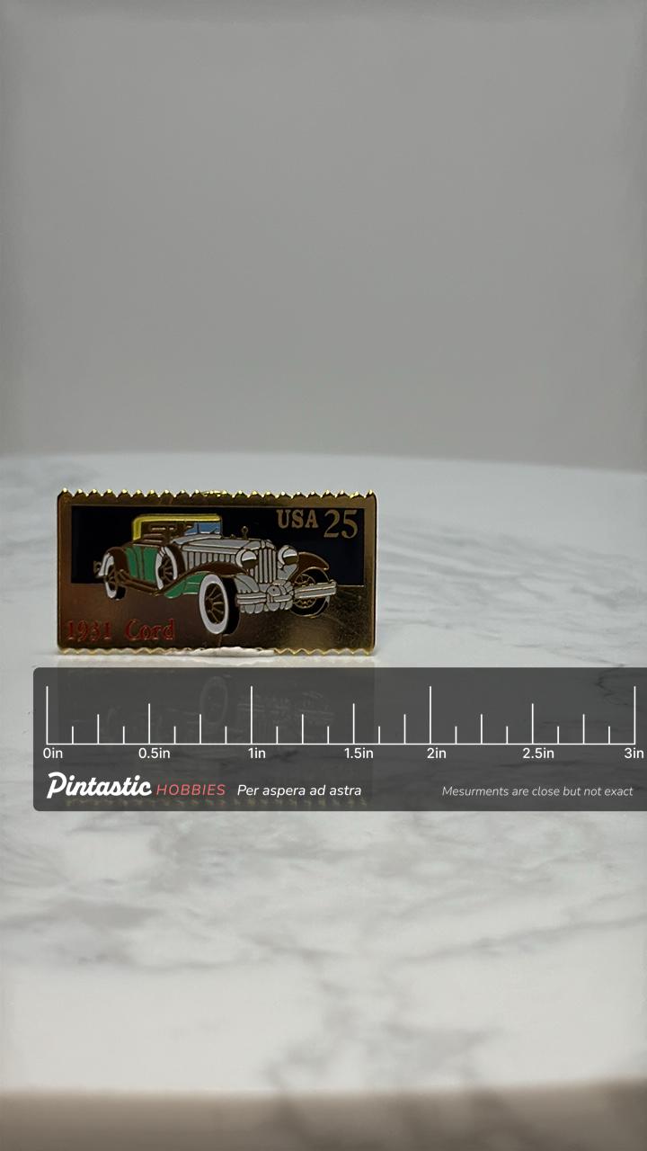 1931 Cord Car Lapel Pin: Gold Enamel Finish - Vintage Auto Accessory with ruler overlay for size reference