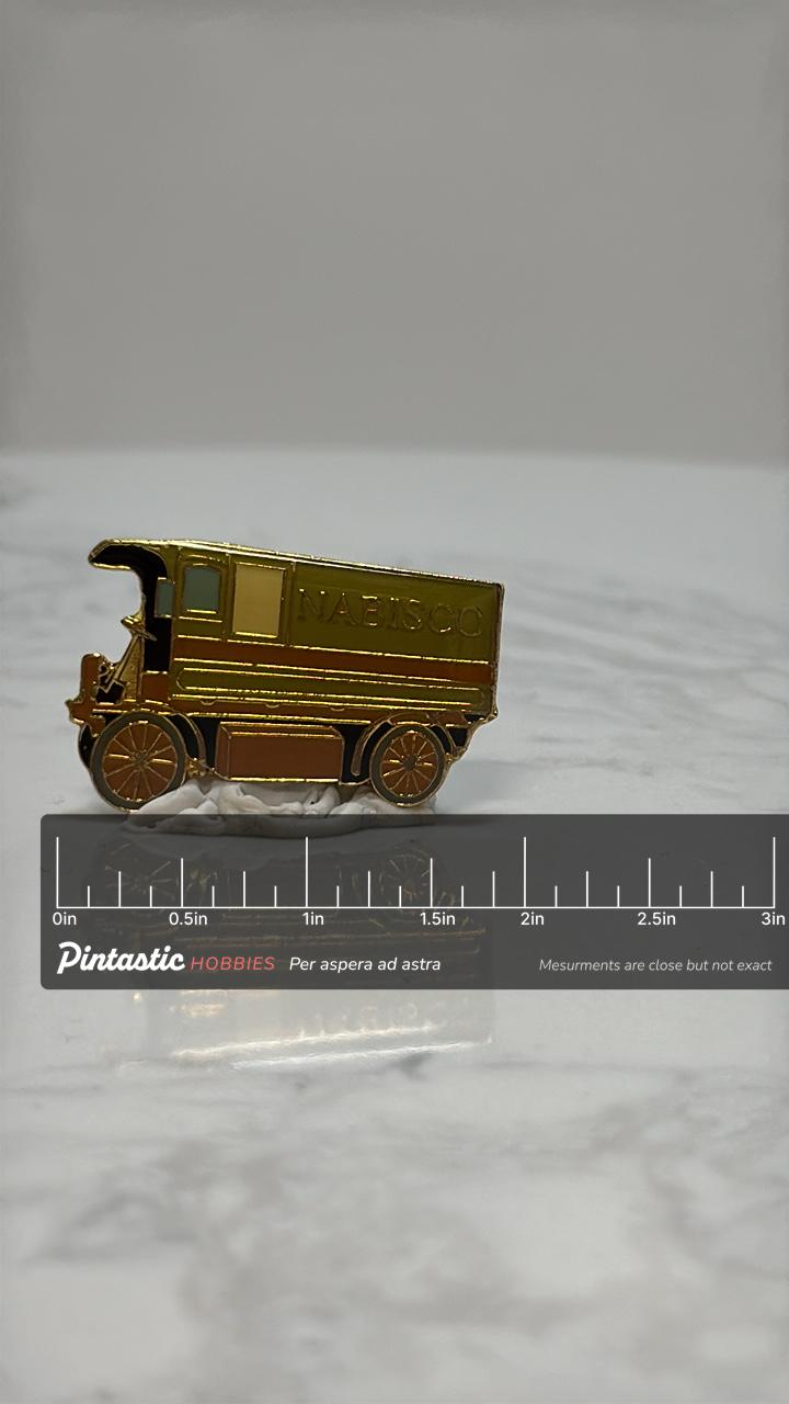Nabisco Delivery Truck Pin: Gold Red Enamel - Vintage Company Accessory with ruler overlay for size reference