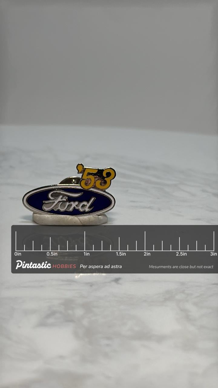 Ford '53 Car Logo Pin: Blue Enamel Finish - Vintage Auto Accessory with ruler overlay for size reference