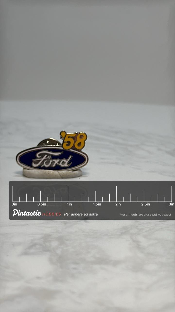Ford '58 Logo Pin: Blue Enamel Finish - Classic Car Accessory with ruler overlay for size reference