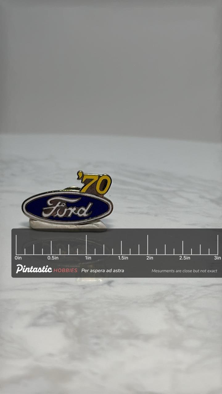 Ford '70 Logo Pin: Blue Enamel with Yellow '70 - Classic Car Accessory with ruler overlay for size reference