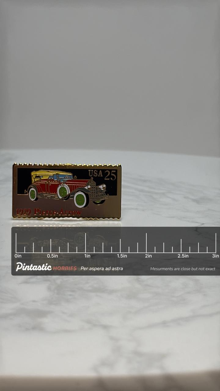 1929 Pierce-Arrow Car Pin: Enamel Gold-Tone - Vintage Auto Accessory with ruler overlay for size reference
