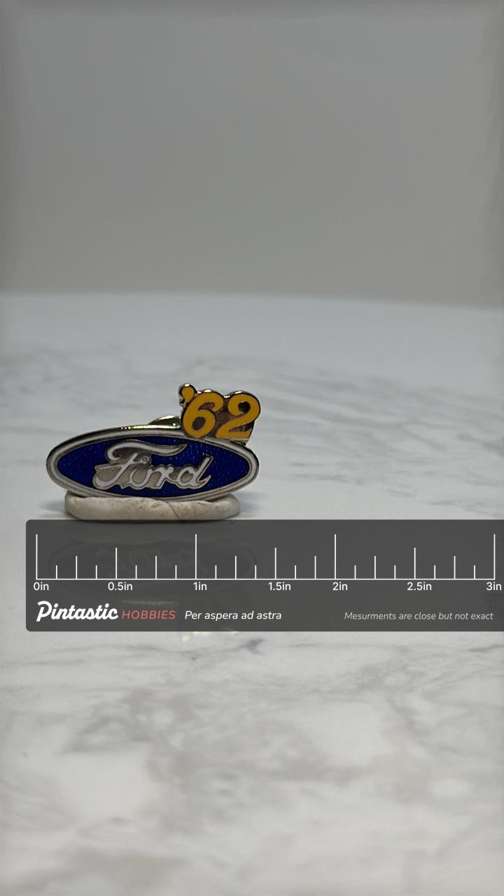 Ford '62 Logo Pin: Blue Enamel - 1962 Car Collectible Accessory with ruler overlay for size reference