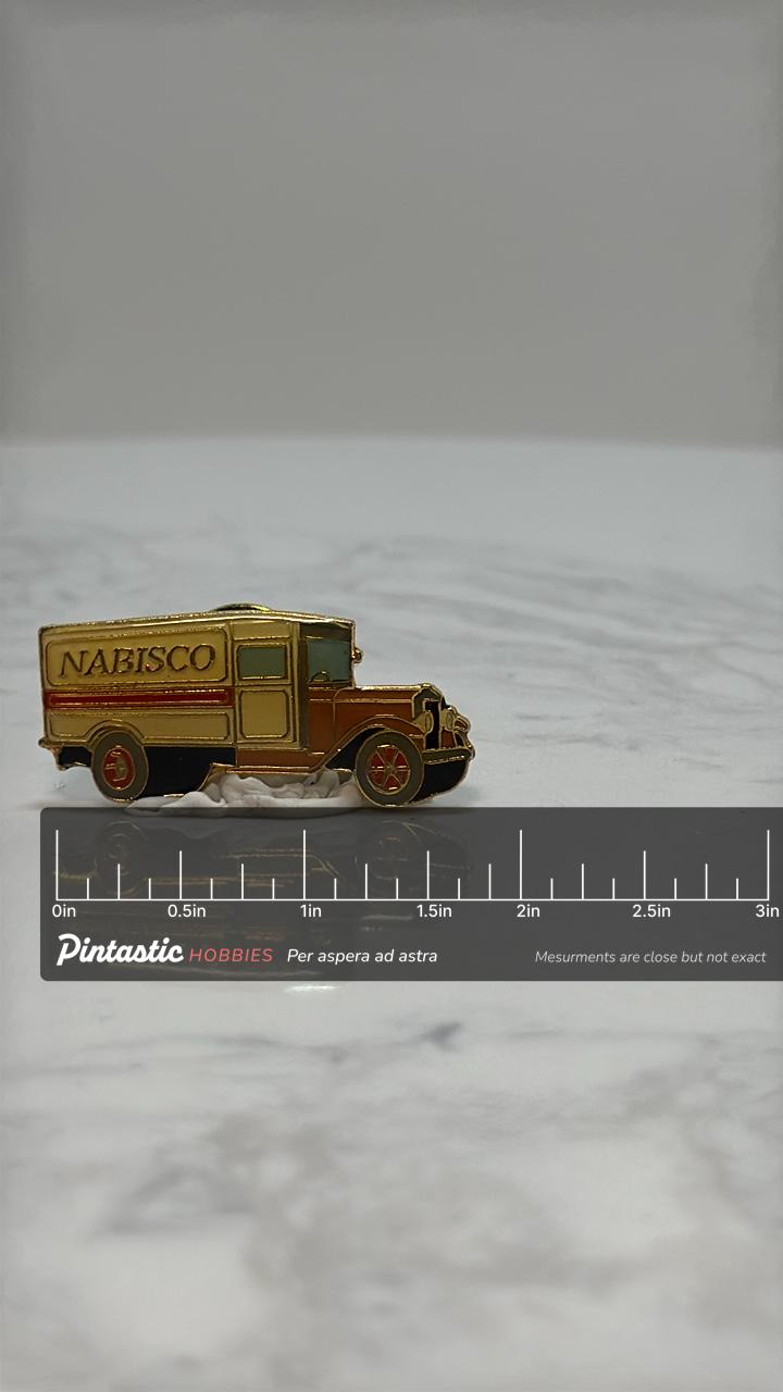 Nabisco Delivery Truck Pin: Gold Enamel Finish - Vintage Company Accessory with ruler overlay for size reference