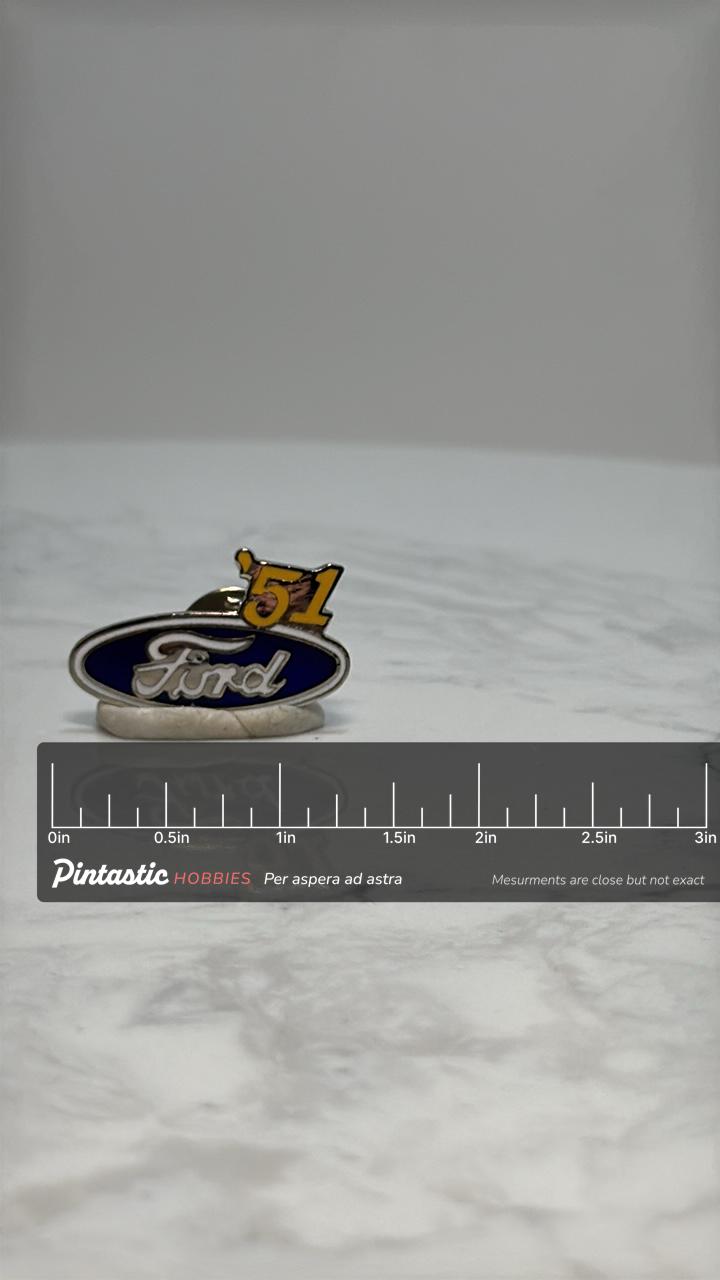 Ford '51 Pin: Blue Enamel Finish - Classic Car Accessory with ruler overlay for size reference