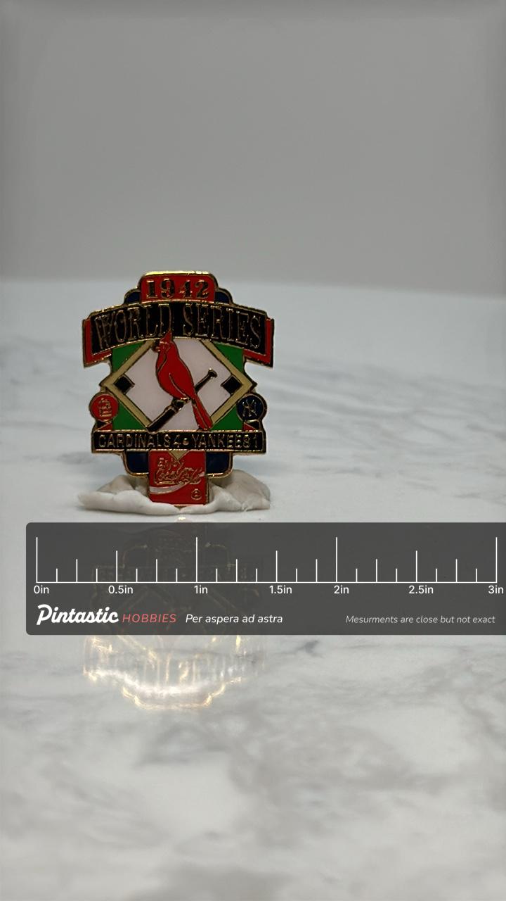 1942 World Series Pin: Cardinals vs Yankees Enamel - Baseball History Accessory with ruler overlay for size reference