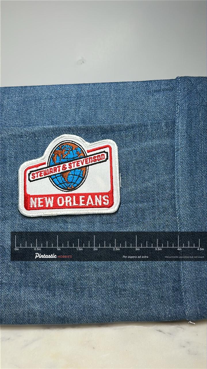 Stewart & Stevenson Collectable Patch: White/Red - Industrial Travel Accessory with ruler overlay for size reference