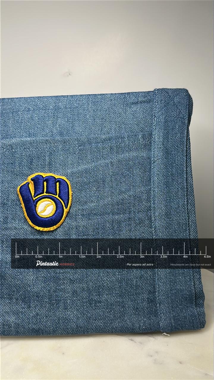 Milwaukee Brewers Collectable Patch: Blue & Gold Logo - Retro Sports Accessory with ruler overlay for size reference