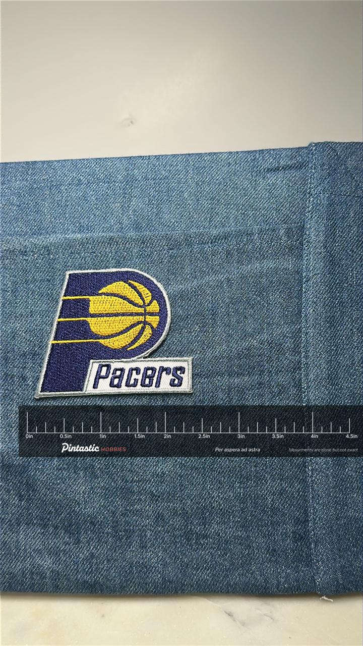 Pacers Collectable Patch: Bold Purple/Yellow - Vintage NBA Sports Accessory with ruler overlay for size reference