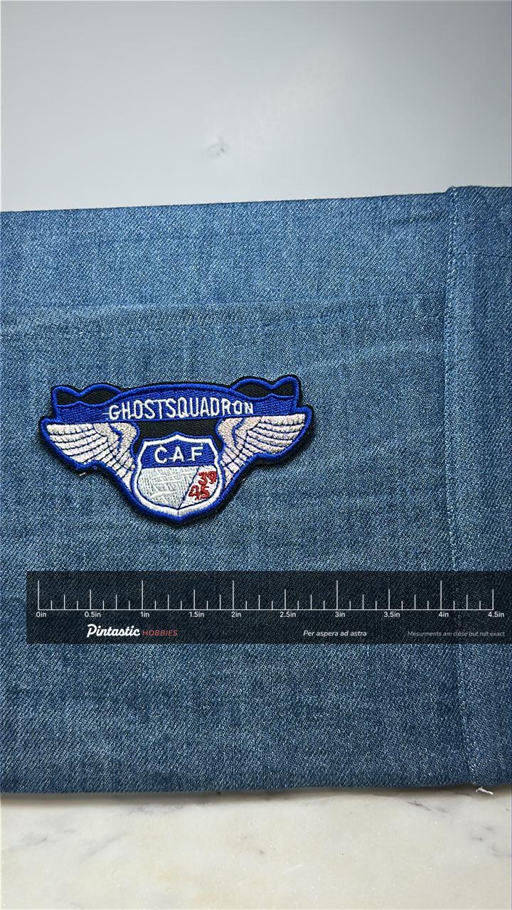 Ghost Squadron Collectable Patch: Blue Winged Crest - Aviation Tribute with ruler overlay for size reference