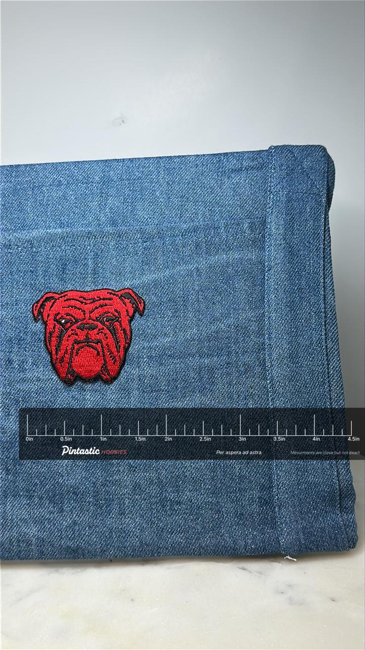 Bulldog Collectable Patch: Red & Black Face - Vintage Style Accessory with ruler overlay for size reference