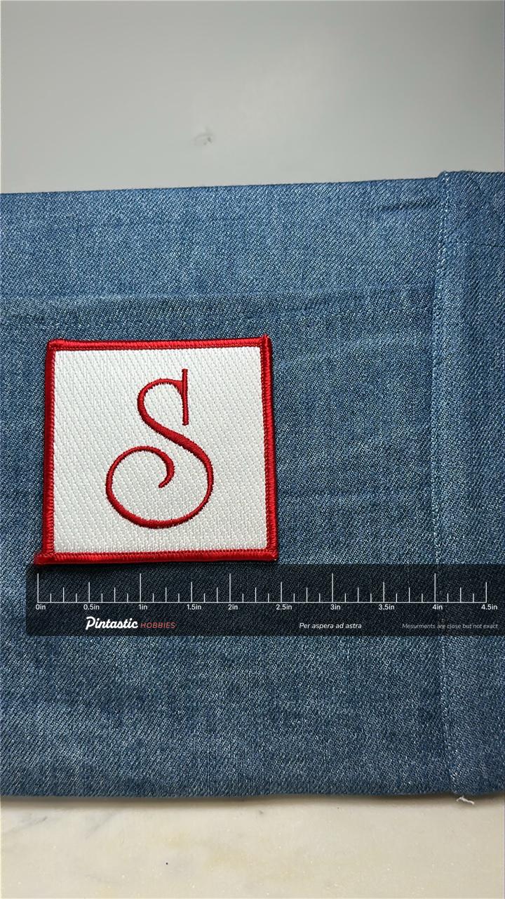 Monogram "S" Collectable Patch: Red & White Square - Vintage Style Accessory with ruler overlay for size reference
