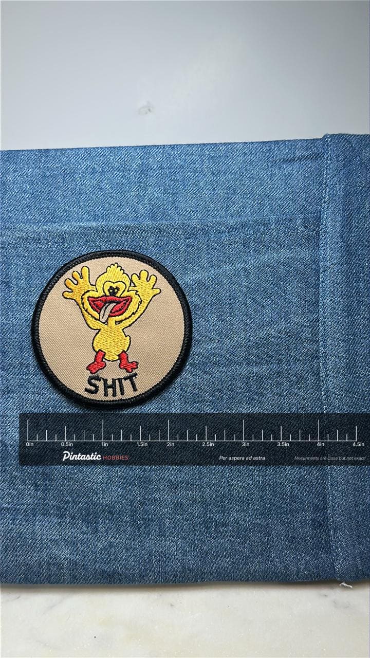 Funny Duck Collectable Patch: Bold Cartoon Style - Retro Humor Accessory with ruler overlay for size reference