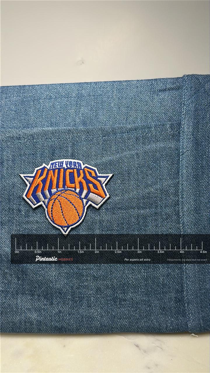 New York Knicks Collectable Patch: Orange & Blue Logo - Sports Accessory with ruler overlay for size reference