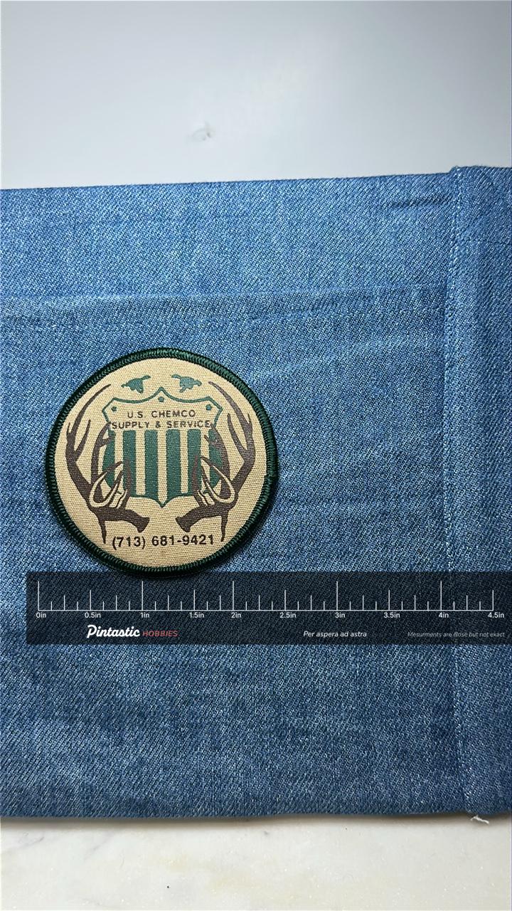 U.S. Chemco Collectable Patch: Green & Tan Round - Industrial Era Accessory with ruler overlay for size reference