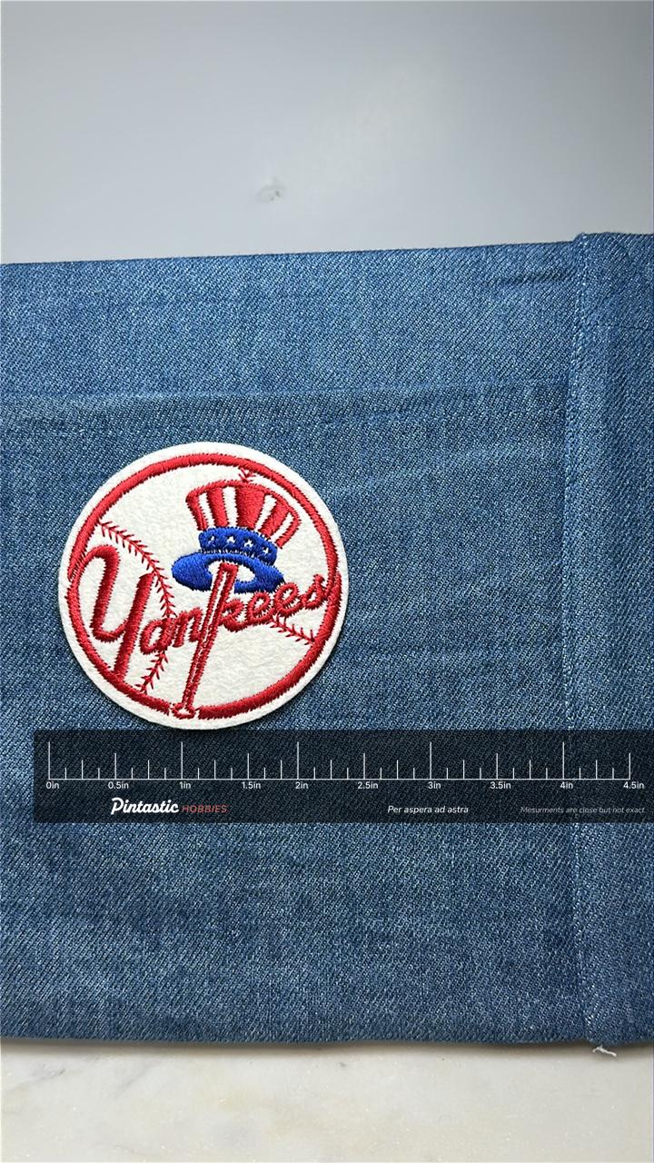 Yankees Collectable Patch: Classic Red White Blue - Sports Fan Accessory with ruler overlay for size reference