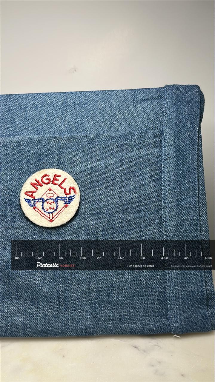 Angels Collectable Patch: Felt Circle Red Blue - Vintage Sports Accessory with ruler overlay for size reference