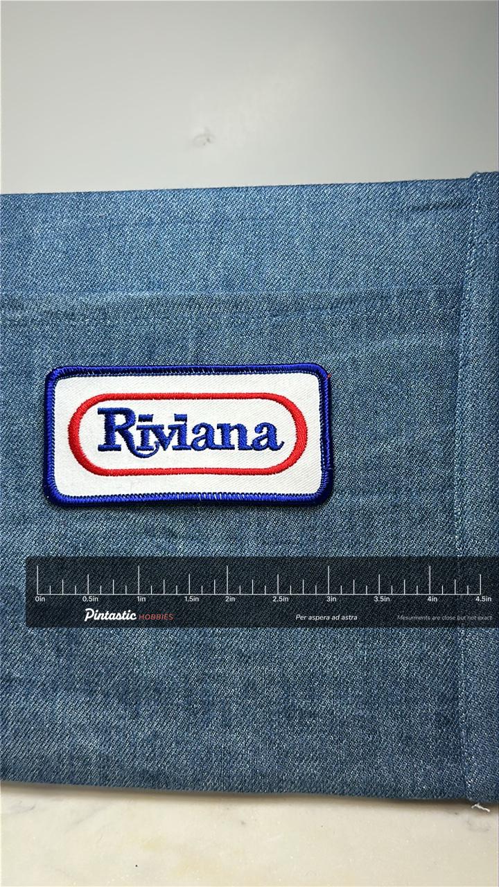 Riviana Collectable Patch: Red White Blue - Retro Company Accessory with ruler overlay for size reference