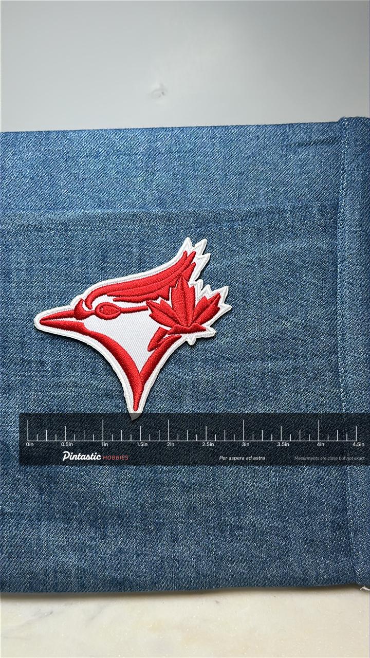 Blue Jay Collectable Patch: Red & White Design - Sports Theme Accessory with ruler overlay for size reference