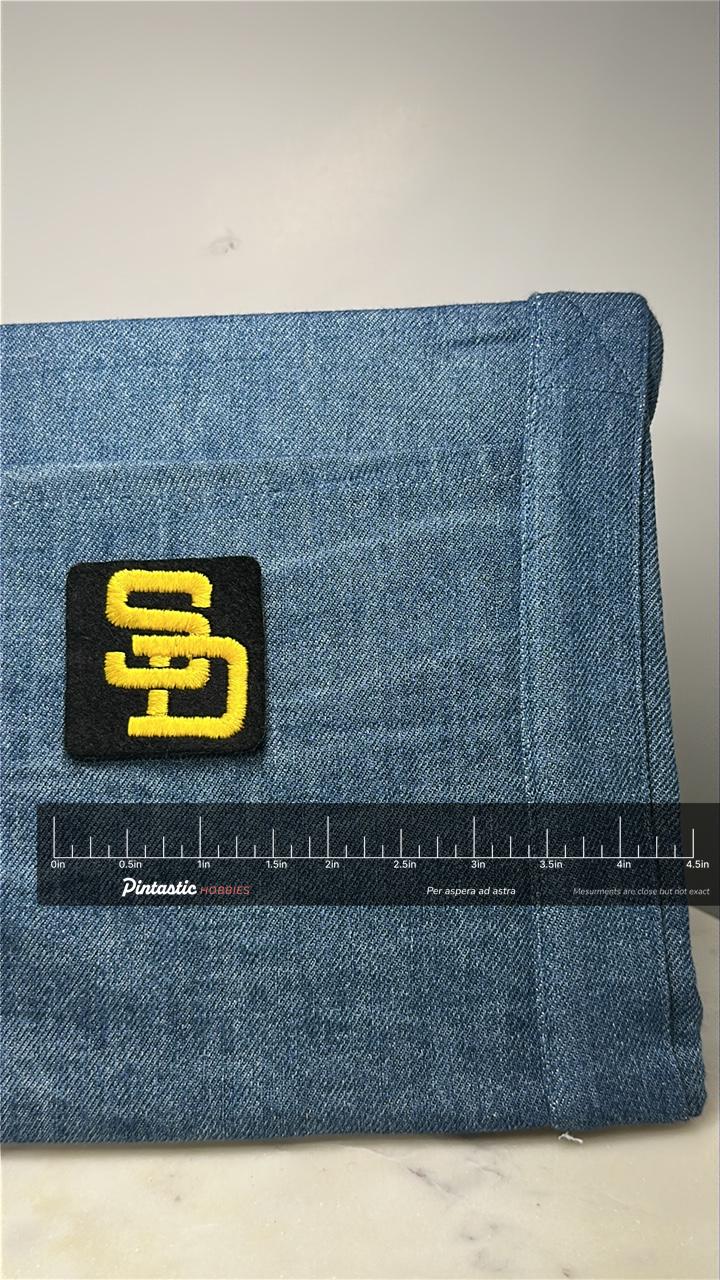 San Diego Collectable Patch: Black & Gold Felt - Vintage Sports Accessory with ruler overlay for size reference