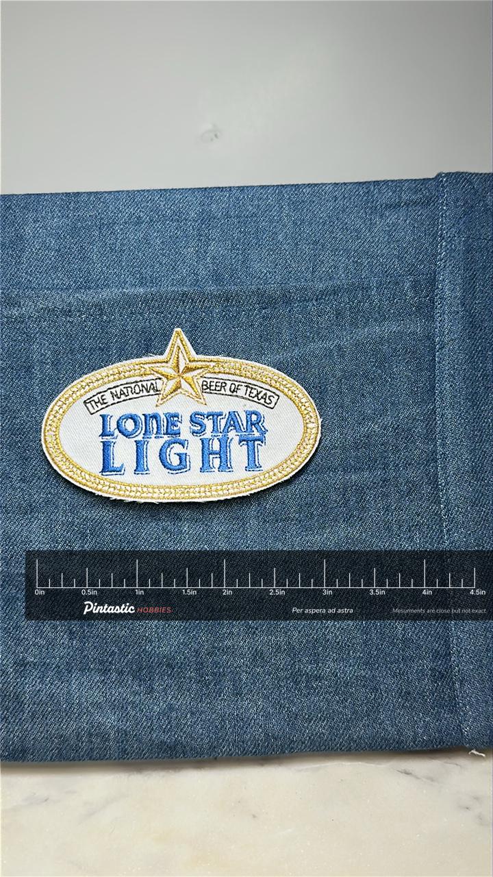 Lone Star Light Collectable Patch: Oval Gold Trim - Retro Beer Accessory with ruler overlay for size reference